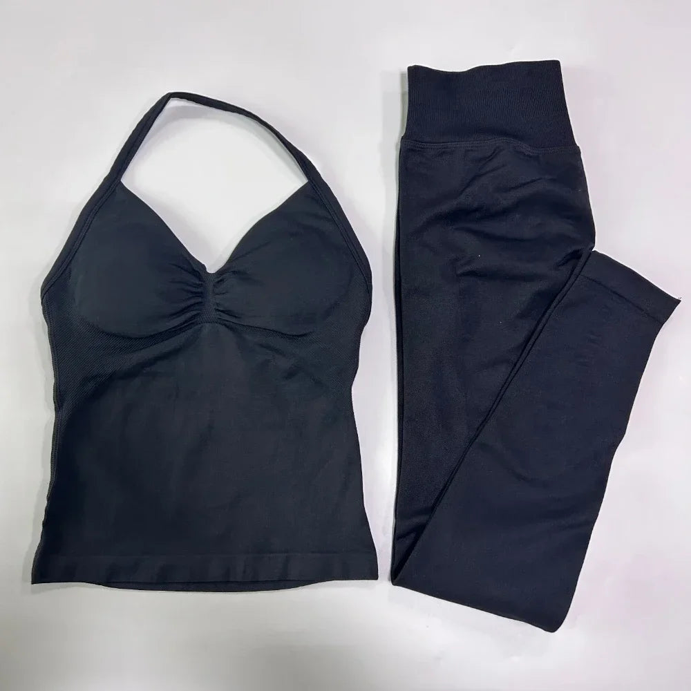 No Logo Seamless Gym Set Women Tank Tops High Waist Scrunch Yoga Leggings Fitness Clothes Workout Sets Gym Suit Activewear