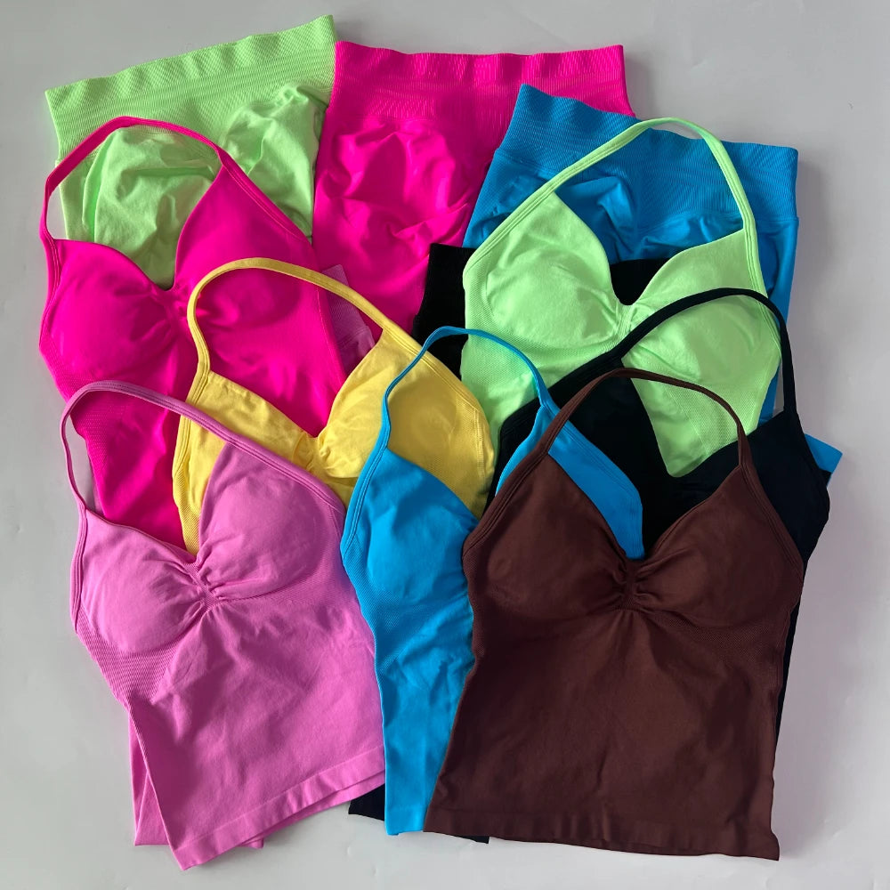 No Logo Seamless Gym Set Women Tank Tops High Waist Scrunch Yoga Leggings Fitness Clothes Workout Sets Gym Suit Activewear