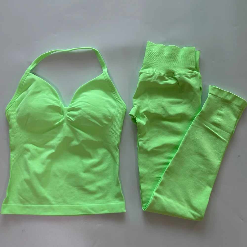 No Logo Seamless Gym Set Women Tank Tops High Waist Scrunch Yoga Leggings Fitness Clothes Workout Sets Gym Suit Activewear