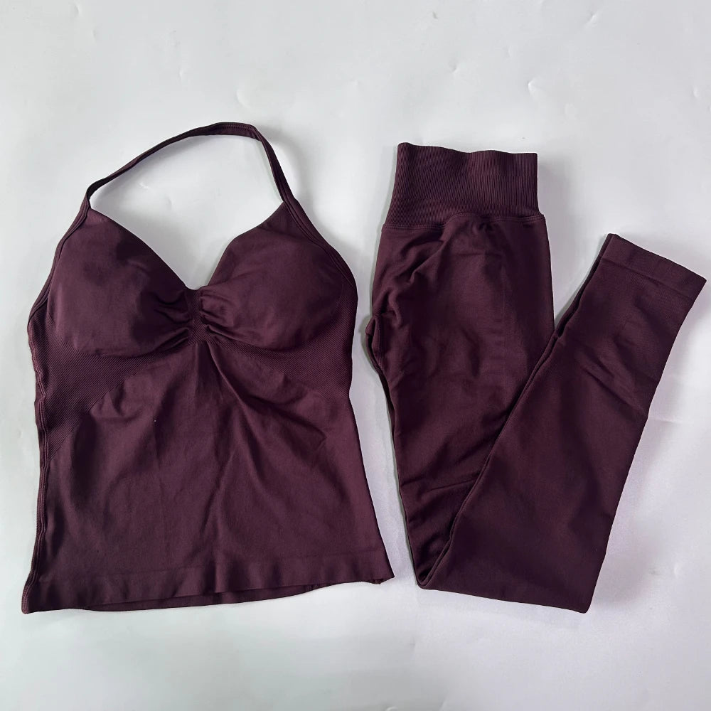 No Logo Seamless Gym Set Women Tank Tops High Waist Scrunch Yoga Leggings Fitness Clothes Workout Sets Gym Suit Activewear