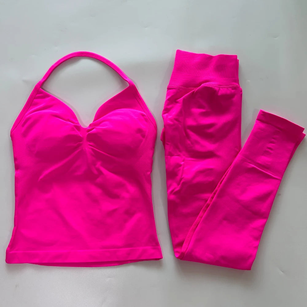 No Logo Seamless Gym Set Women Tank Tops High Waist Scrunch Yoga Leggings Fitness Clothes Workout Sets Gym Suit Activewear