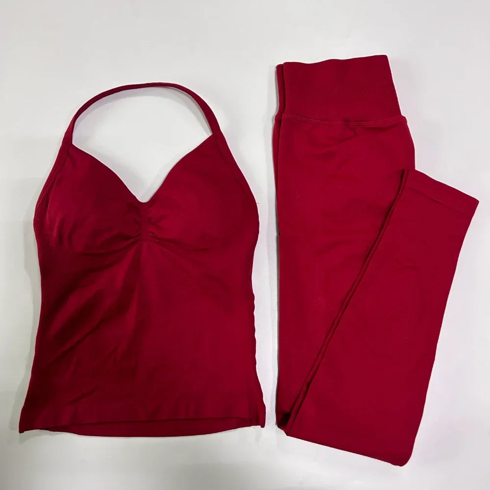 No Logo Seamless Gym Set Women Tank Tops High Waist Scrunch Yoga Leggings Fitness Clothes Workout Sets Gym Suit Activewear