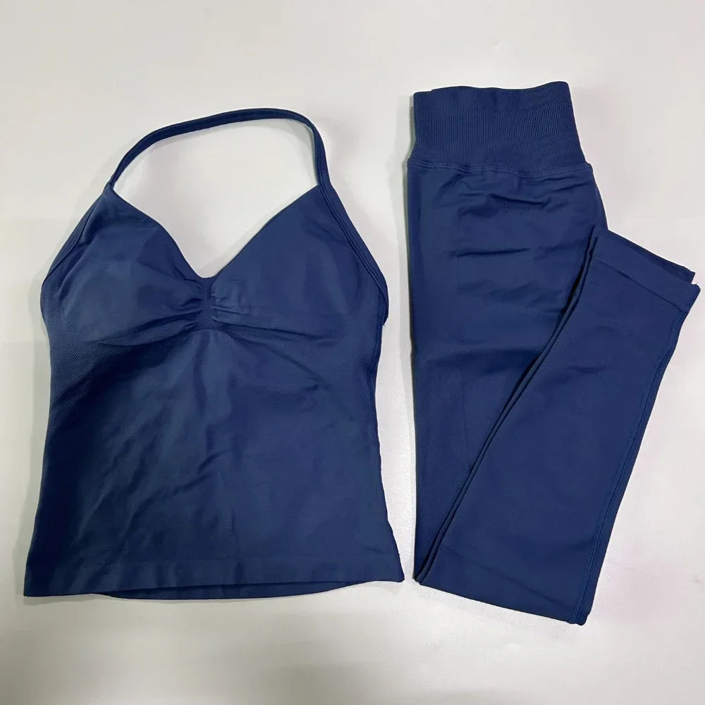 No Logo Seamless Gym Set Women Tank Tops High Waist Scrunch Yoga Leggings Fitness Clothes Workout Sets Gym Suit Activewear