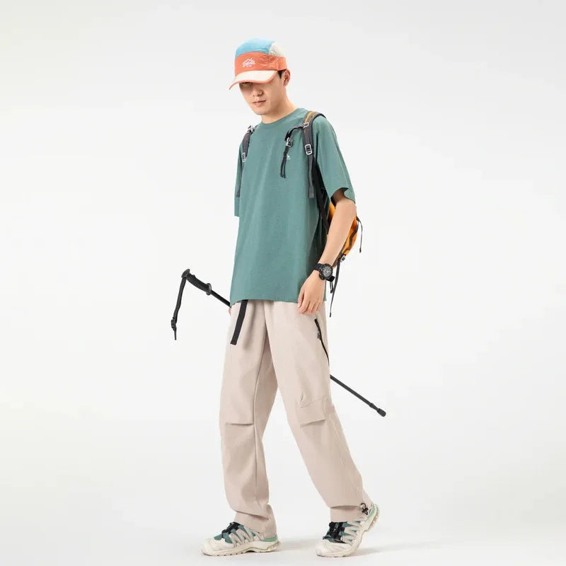 Spliced design outdoor work pants men's long pants, loose-fitting wide leg pants  straight leg casual sport pants