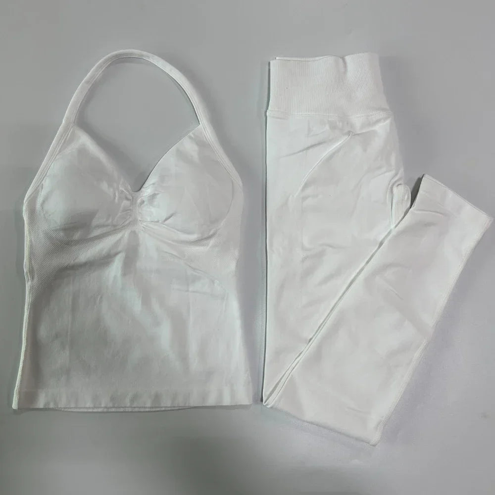 No Logo Seamless Gym Set Women Tank Tops High Waist Scrunch Yoga Leggings Fitness Clothes Workout Sets Gym Suit Activewear