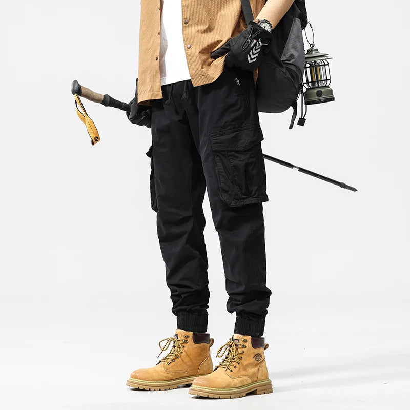 Men Cotton Jogging Cargo Long Pants Retro Solid Korean Style Straight Long Trousers Mens Outdoor Jogger Training Work Pants