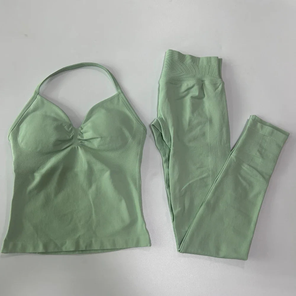 No Logo Seamless Gym Set Women Tank Tops High Waist Scrunch Yoga Leggings Fitness Clothes Workout Sets Gym Suit Activewear