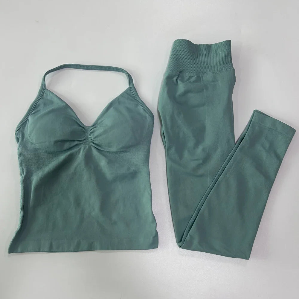 No Logo Seamless Gym Set Women Tank Tops High Waist Scrunch Yoga Leggings Fitness Clothes Workout Sets Gym Suit Activewear