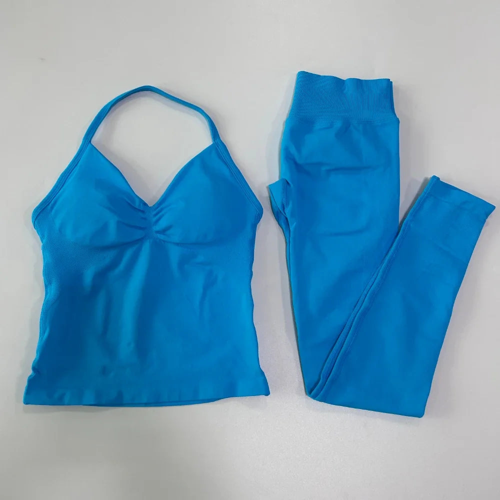 No Logo Seamless Gym Set Women Tank Tops High Waist Scrunch Yoga Leggings Fitness Clothes Workout Sets Gym Suit Activewear