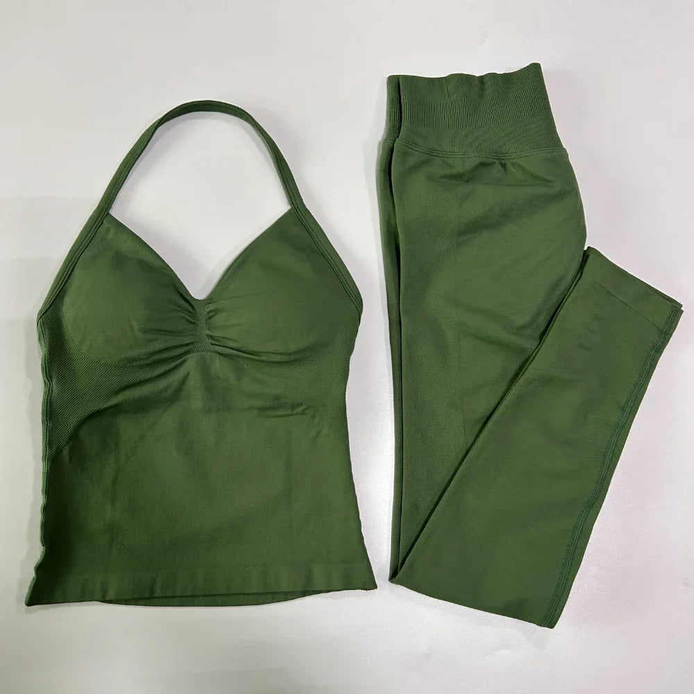 No Logo Seamless Gym Set Women Tank Tops High Waist Scrunch Yoga Leggings Fitness Clothes Workout Sets Gym Suit Activewear