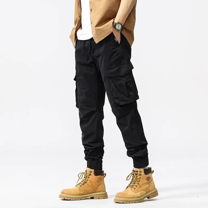 Men Cotton Jogging Cargo Long Pants Retro Solid Korean Style Straight Long Trousers Mens Outdoor Jogger Training Work Pants
