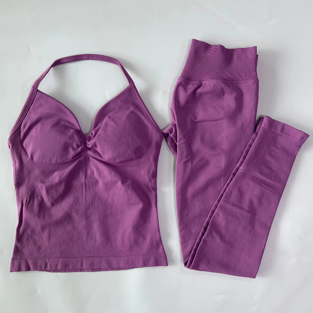 No Logo Seamless Gym Set Women Tank Tops High Waist Scrunch Yoga Leggings Fitness Clothes Workout Sets Gym Suit Activewear