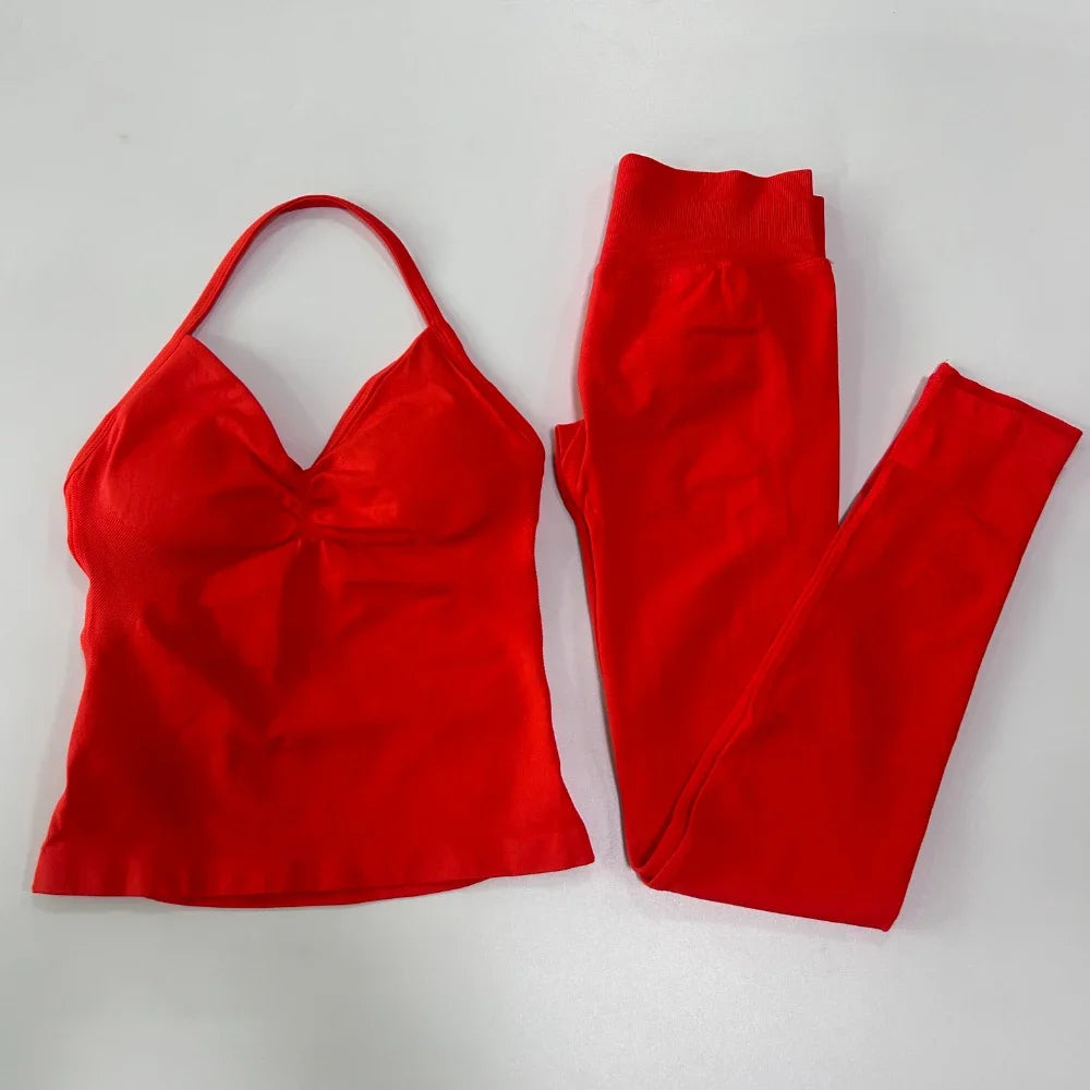 No Logo Seamless Gym Set Women Tank Tops High Waist Scrunch Yoga Leggings Fitness Clothes Workout Sets Gym Suit Activewear