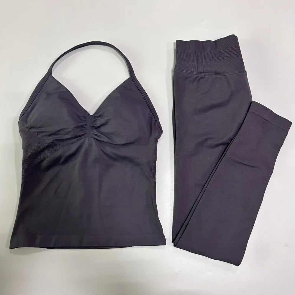 No Logo Seamless Gym Set Women Tank Tops High Waist Scrunch Yoga Leggings Fitness Clothes Workout Sets Gym Suit Activewear