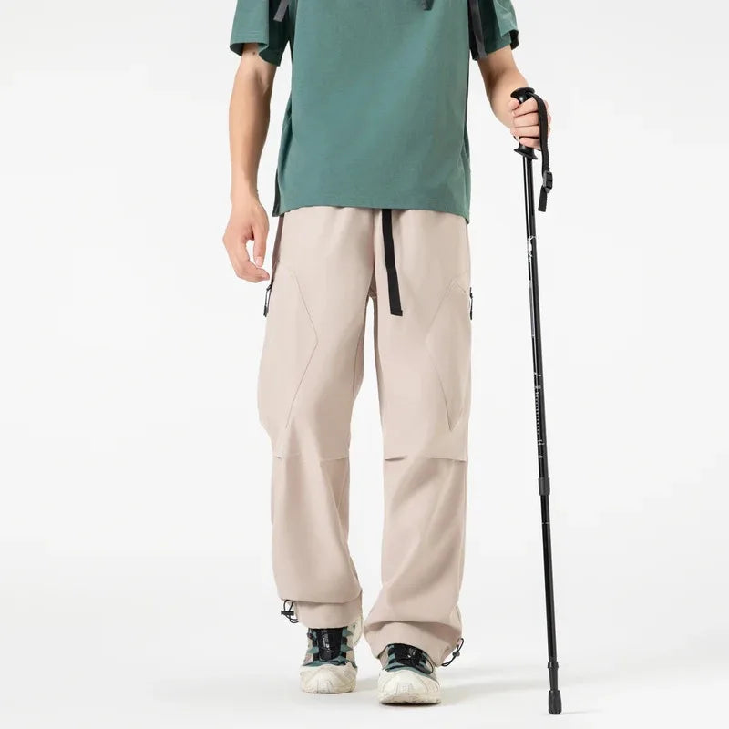 Spliced design outdoor work pants men's long pants, loose-fitting wide leg pants  straight leg casual sport pants