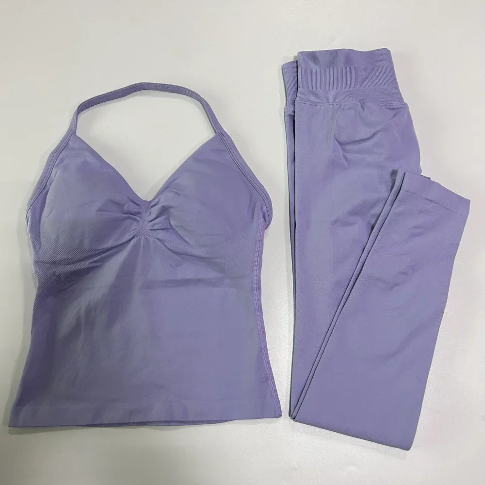 No Logo Seamless Gym Set Women Tank Tops High Waist Scrunch Yoga Leggings Fitness Clothes Workout Sets Gym Suit Activewear