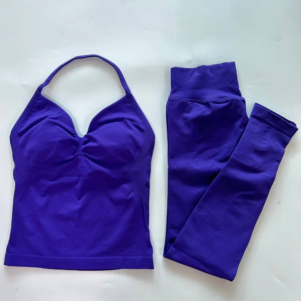 No Logo Seamless Gym Set Women Tank Tops High Waist Scrunch Yoga Leggings Fitness Clothes Workout Sets Gym Suit Activewear