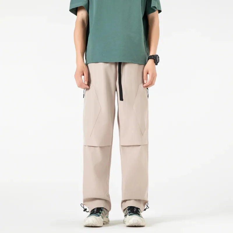 Spliced design outdoor work pants men's long pants, loose-fitting wide leg pants  straight leg casual sport pants