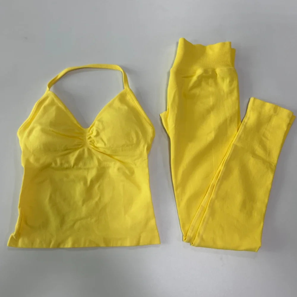 No Logo Seamless Gym Set Women Tank Tops High Waist Scrunch Yoga Leggings Fitness Clothes Workout Sets Gym Suit Activewear