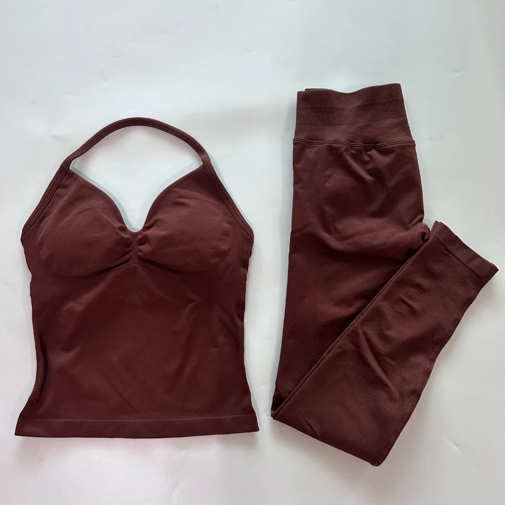 No Logo Seamless Gym Set Women Tank Tops High Waist Scrunch Yoga Leggings Fitness Clothes Workout Sets Gym Suit Activewear