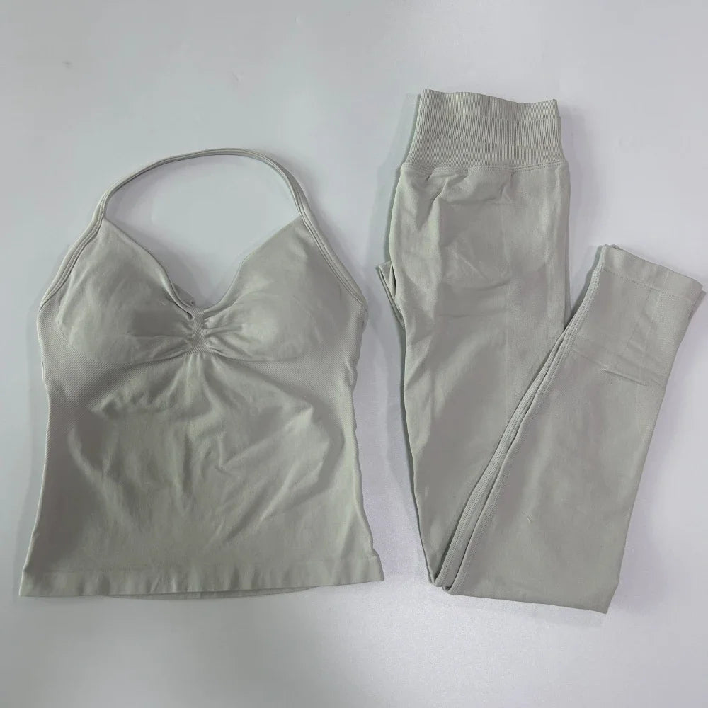 No Logo Seamless Gym Set Women Tank Tops High Waist Scrunch Yoga Leggings Fitness Clothes Workout Sets Gym Suit Activewear