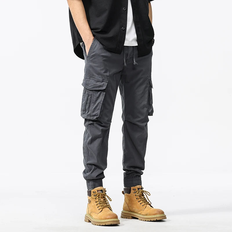 Men Cotton Jogging Cargo Long Pants Retro Solid Korean Style Straight Long Trousers Mens Outdoor Jogger Training Work Pants