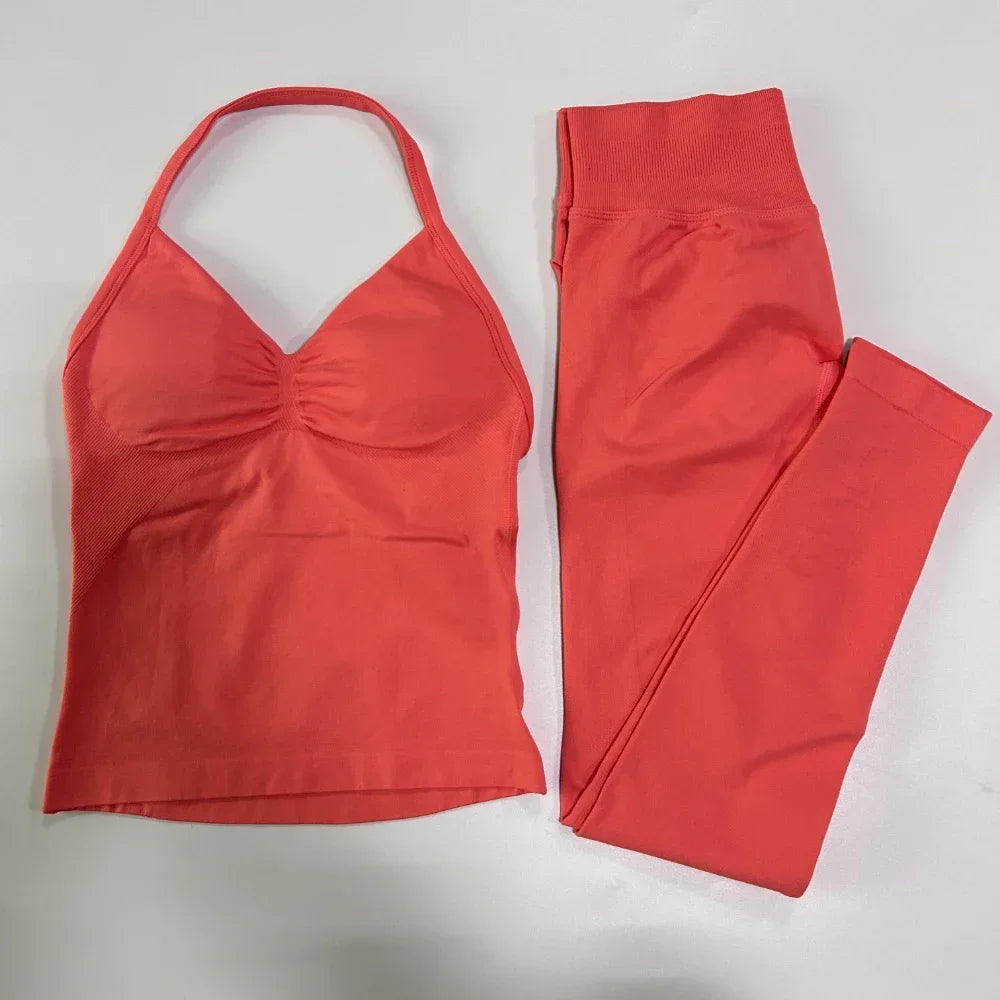 No Logo Seamless Gym Set Women Tank Tops High Waist Scrunch Yoga Leggings Fitness Clothes Workout Sets Gym Suit Activewear