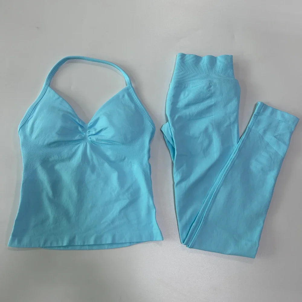 No Logo Seamless Gym Set Women Tank Tops High Waist Scrunch Yoga Leggings Fitness Clothes Workout Sets Gym Suit Activewear