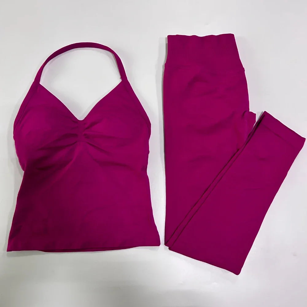 No Logo Seamless Gym Set Women Tank Tops High Waist Scrunch Yoga Leggings Fitness Clothes Workout Sets Gym Suit Activewear