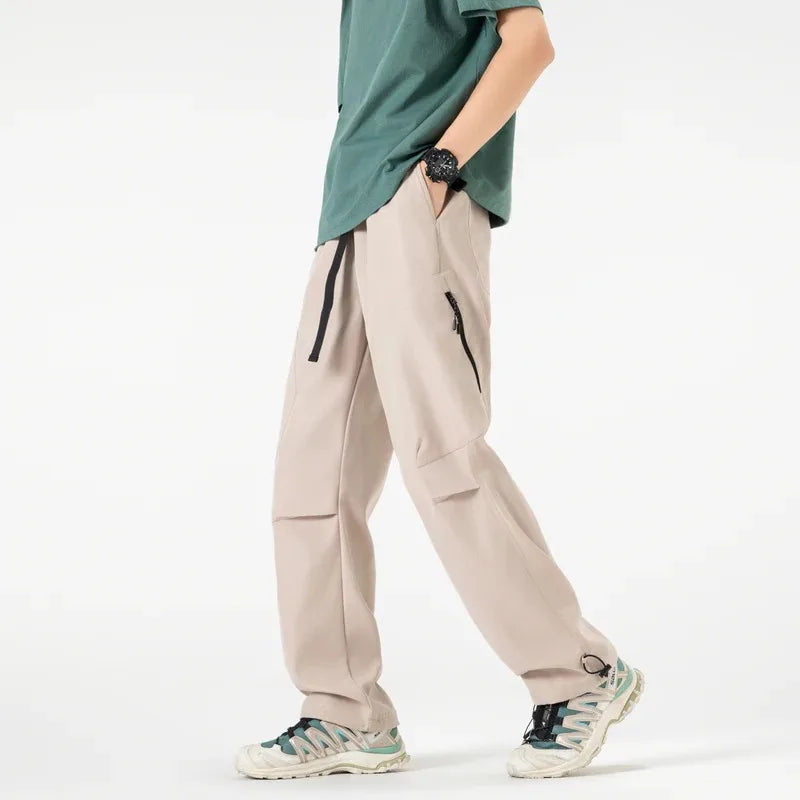 Spliced design outdoor work pants men's long pants, loose-fitting wide leg pants  straight leg casual sport pants