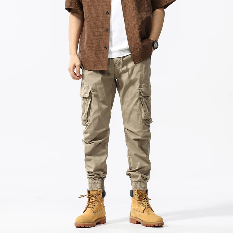 Men Cotton Jogging Cargo Long Pants Retro Solid Korean Style Straight Long Trousers Mens Outdoor Jogger Training Work Pants