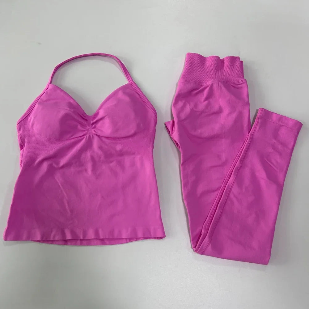 No Logo Seamless Gym Set Women Tank Tops High Waist Scrunch Yoga Leggings Fitness Clothes Workout Sets Gym Suit Activewear