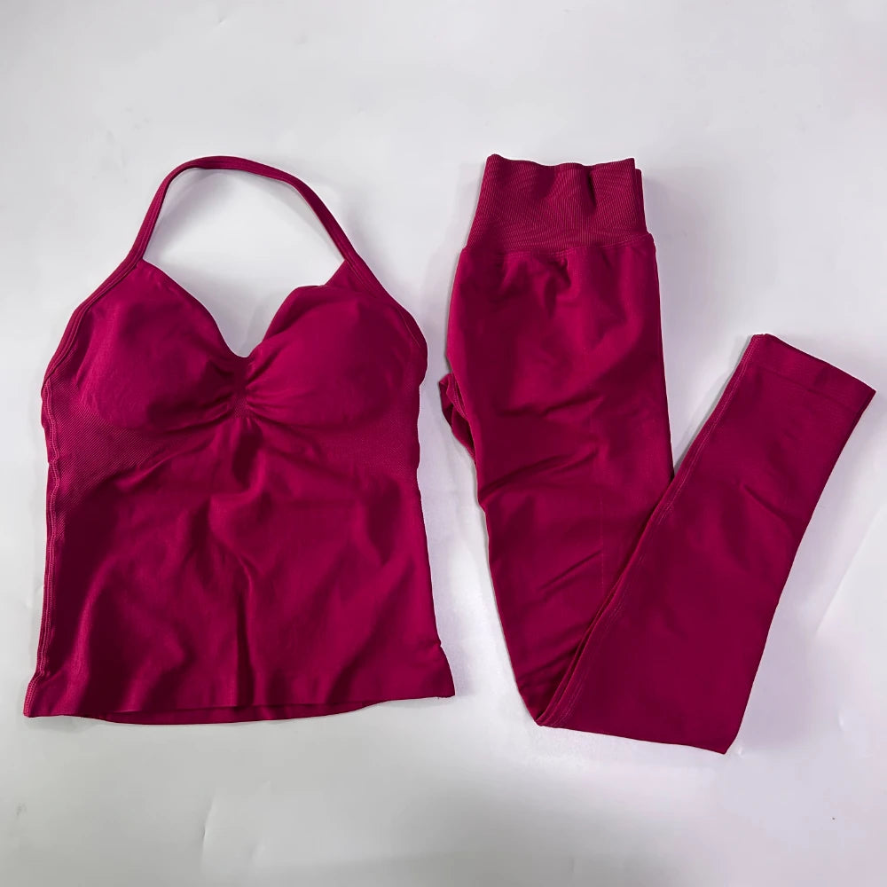 No Logo Seamless Gym Set Women Tank Tops High Waist Scrunch Yoga Leggings Fitness Clothes Workout Sets Gym Suit Activewear