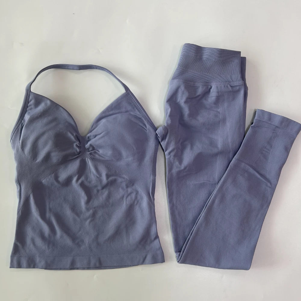 No Logo Seamless Gym Set Women Tank Tops High Waist Scrunch Yoga Leggings Fitness Clothes Workout Sets Gym Suit Activewear