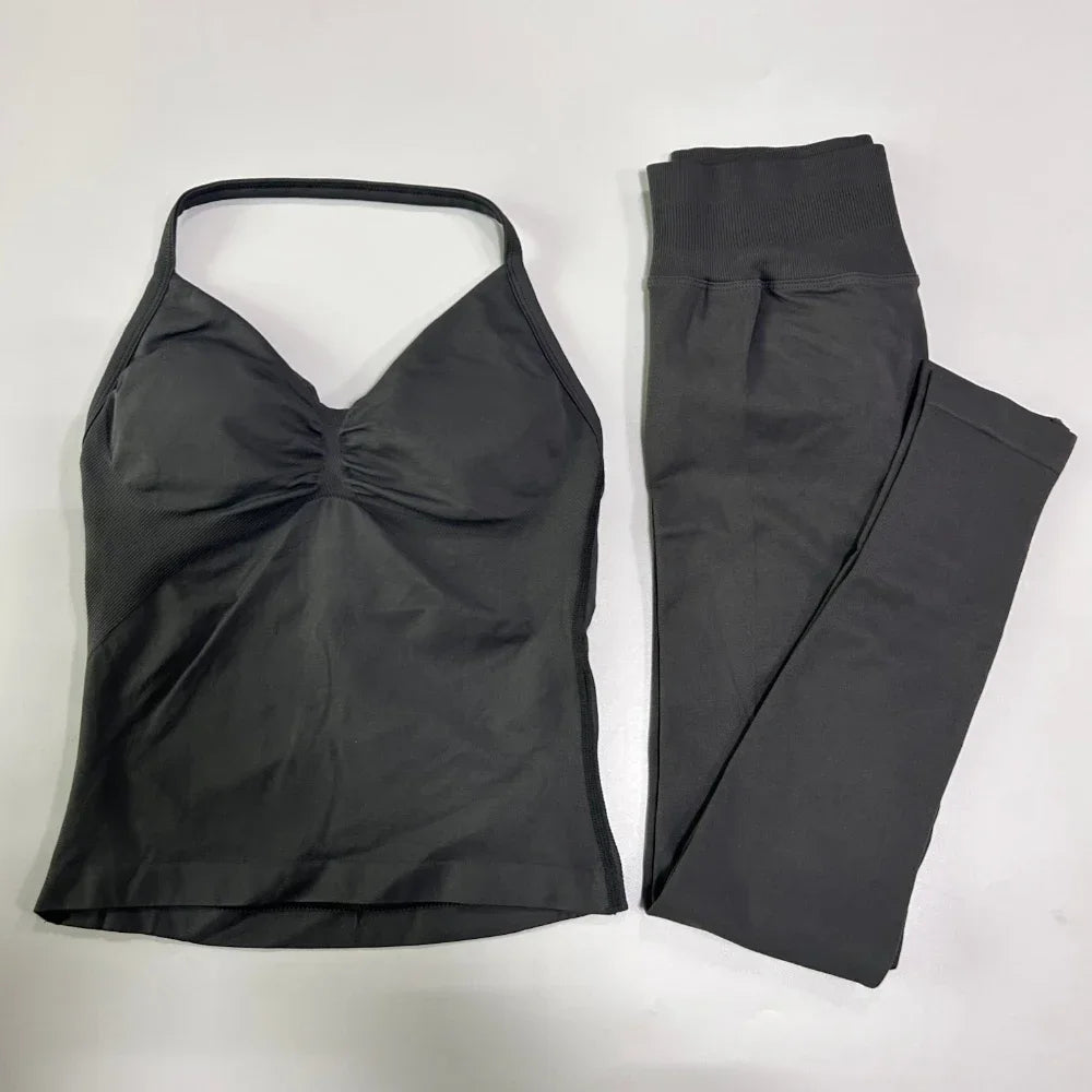 No Logo Seamless Gym Set Women Tank Tops High Waist Scrunch Yoga Leggings Fitness Clothes Workout Sets Gym Suit Activewear