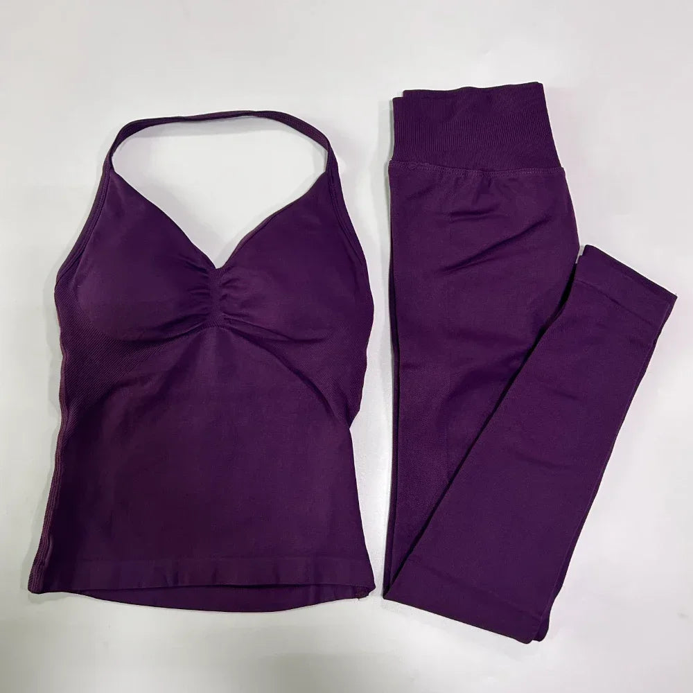 No Logo Seamless Gym Set Women Tank Tops High Waist Scrunch Yoga Leggings Fitness Clothes Workout Sets Gym Suit Activewear