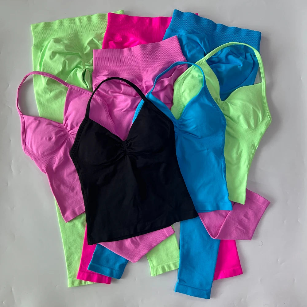 No Logo Seamless Gym Set Women Tank Tops High Waist Scrunch Yoga Leggings Fitness Clothes Workout Sets Gym Suit Activewear