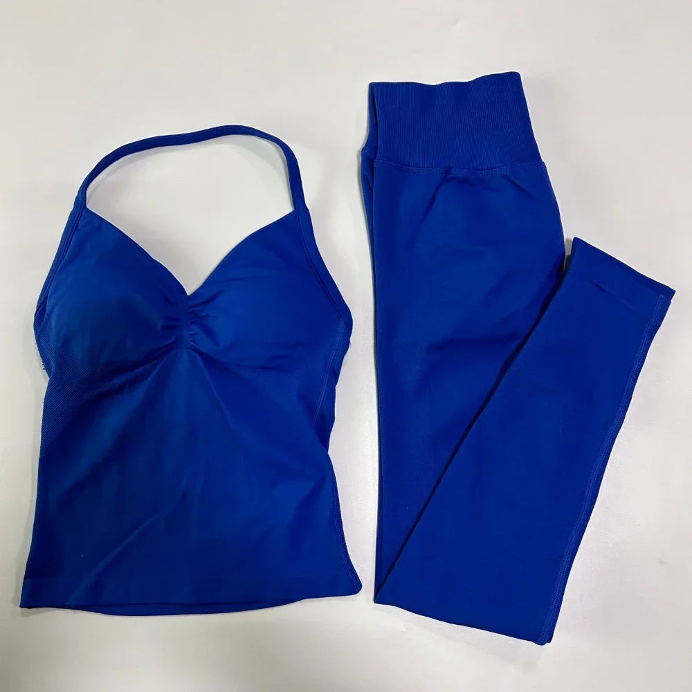 No Logo Seamless Gym Set Women Tank Tops High Waist Scrunch Yoga Leggings Fitness Clothes Workout Sets Gym Suit Activewear