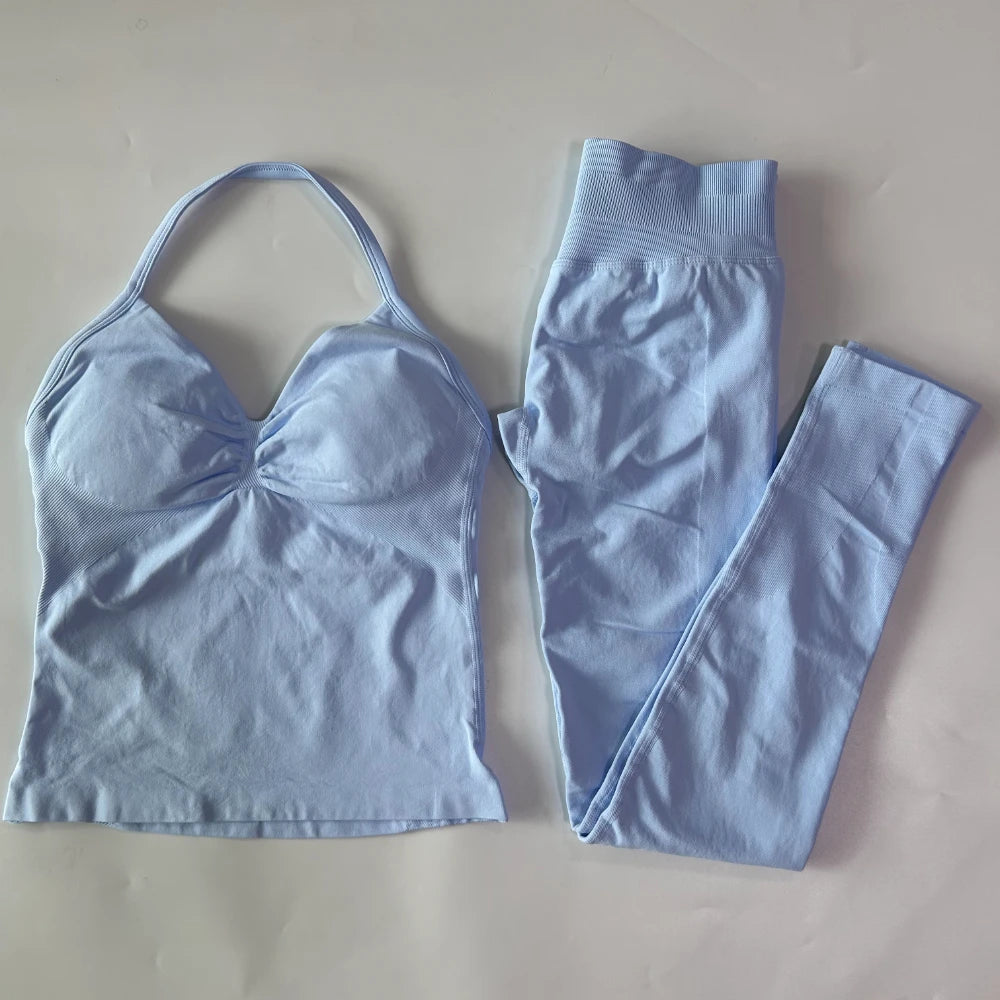 No Logo Seamless Gym Set Women Tank Tops High Waist Scrunch Yoga Leggings Fitness Clothes Workout Sets Gym Suit Activewear