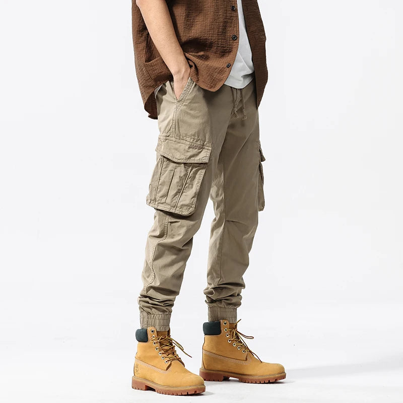 Men Cotton Jogging Cargo Long Pants Retro Solid Korean Style Straight Long Trousers Mens Outdoor Jogger Training Work Pants