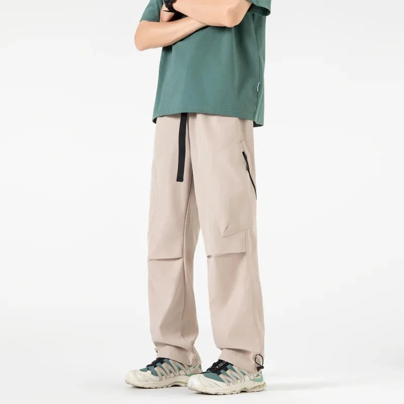 Spliced design outdoor work pants men's long pants, loose-fitting wide leg pants  straight leg casual sport pants