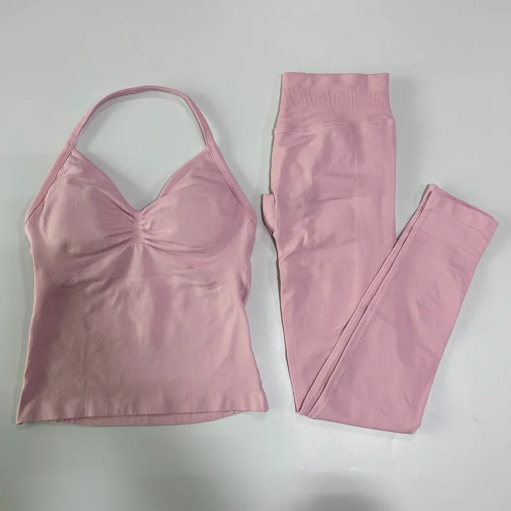 No Logo Seamless Gym Set Women Tank Tops High Waist Scrunch Yoga Leggings Fitness Clothes Workout Sets Gym Suit Activewear