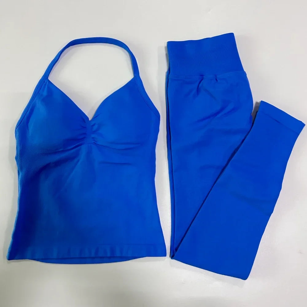 No Logo Seamless Gym Set Women Tank Tops High Waist Scrunch Yoga Leggings Fitness Clothes Workout Sets Gym Suit Activewear